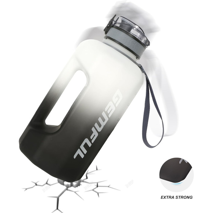 Спортивна пляшка для води GEMFUL 2.2L з ручкою та позначками часу - ідеальна для фітнесу та повсякденного використання (Чорний/Білий)