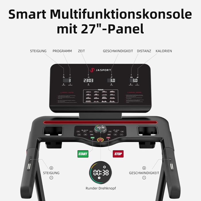 Бігова доріжка JASPORT L3 для дому, складна, тиха, Bluetooth, 4 к.с., до 20 км/год, 18% нахил, 1340x480 мм, до 120 кг