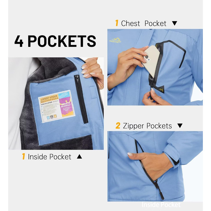 Зимова куртка KEFITEVD для жінок, тепла з підкладкою фліс, перехідна куртка, товста сноубордична куртка з капюшоном та кишенями на блискавці, вітронепроникна, світло-блакитна