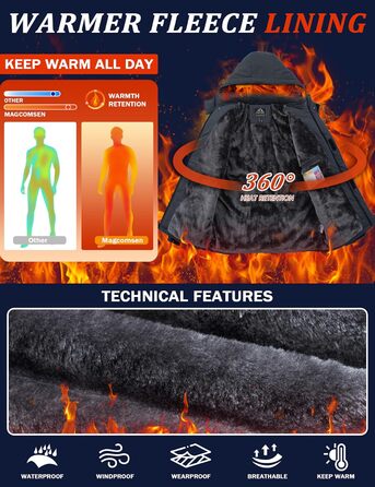Чоловіча зимова куртка MAGCOMSEN, водонепроникна, з флісовою підкладкою, вітрозахисна, для туризму та активного відпочинку, знімний капюшон (L, темно-сірий)