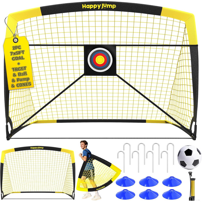 Ворота для футболу Happy Jump Pop-Up – складані, для дітей та дорослих | 1 або 2 ворота: 120x90 / 152x110 / 213x152 см | З м'ячем, насосом, конусами та мішенню | Для саду та подарунка