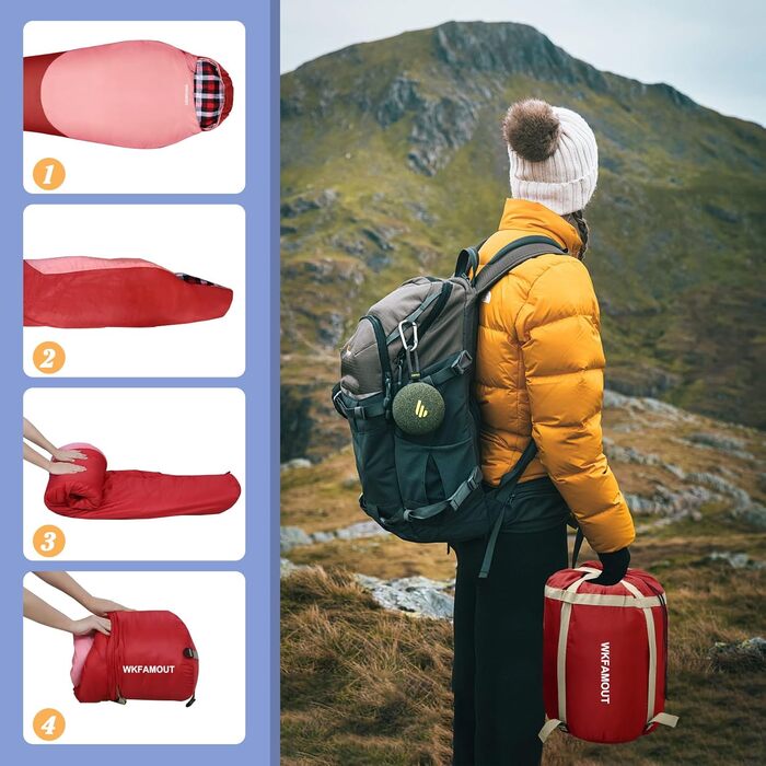 Спальний мішок WKFAMOUT Mumienschlafsack для дорослих та дітей -12°C до 0°C, фліс, 3-4 сезони, для кемпінгу та подорожей, червоний, до 150см