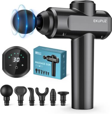 Масажний пістолет EKUPUZ, 30 швидкостей, 6 насадок, для м'язів, з USB-C, для шиї, спини, плечей, чорний