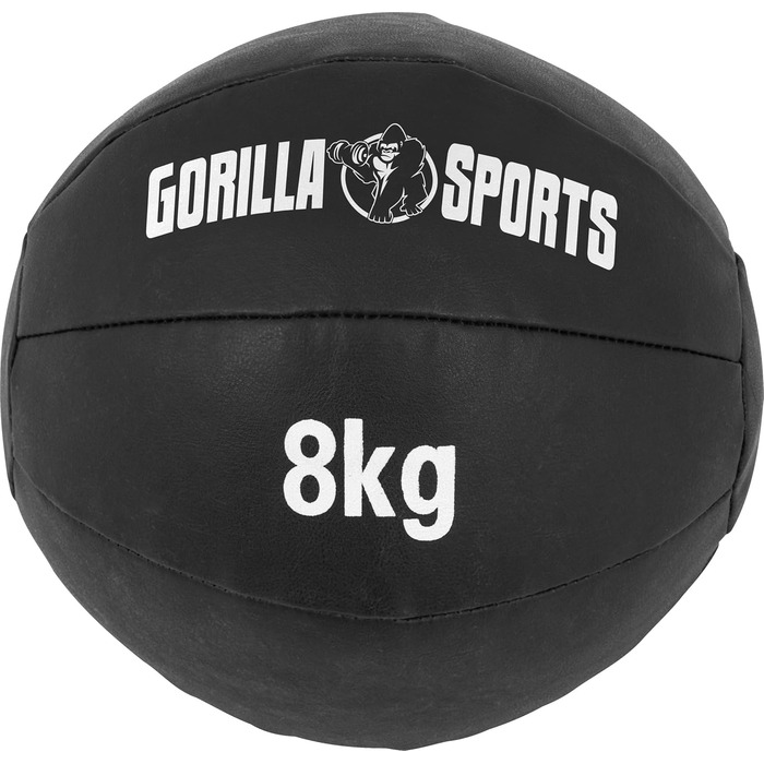 Медичний м'яч GORILLA SPORTS 8 кг, шкіряний, чорний, 29 см – тренувальний, фітнес м'яч, для кросфіту та фітнесу
