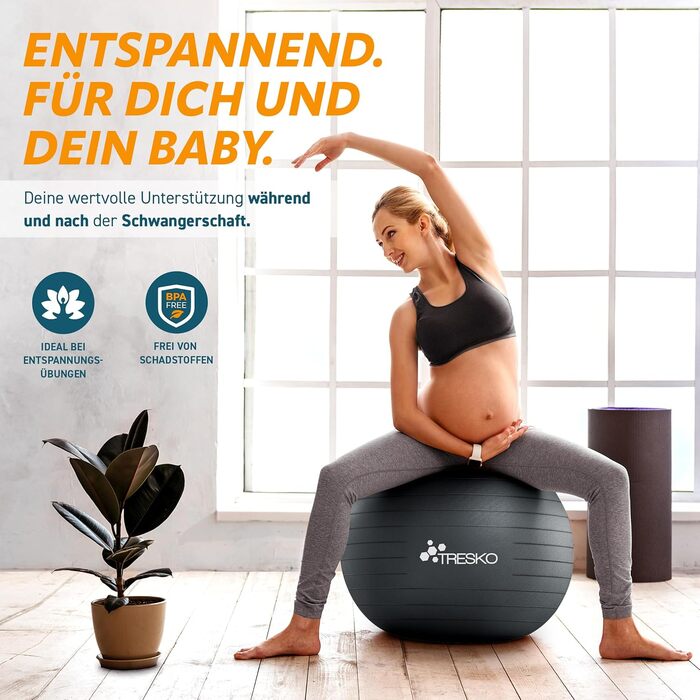 Гімнастичний м'яч TRESKO 75 см, антрацит, BPA-free, з насосом, для фітнесу, йоги, пілатесу, вагітних, до 300 кг