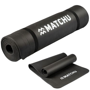 Килимок для фітнесу, йоги та спорту MATCHU 180x60x1 см, NBR, чорний + Ремінець для перенесення