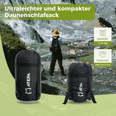 Спальний мішок ATEPA Ultraleicht Daunenschlafsack: Легкий, компактний, 3-сезонний (12°C/6°C/-1°C), водонепроникний, для кемпінгу, походів, трекінгу та рюкзакових подорожей, з компресійним мішком ThermaCore, чорний