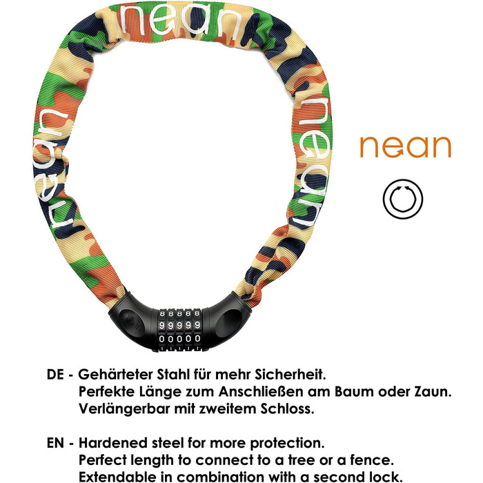 Надійне велозамкне Nean з кодовим замком та високим рівнем захисту, стале ланцюгове замкне, 6 мм x 900 мм (Камуфляж)