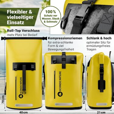 SCANDIC NATURE PIONEER: Водонепроникний рюкзак з ролтоп закриттям 35/55L, чорний, жовтий, оливково-зелений. Міцний завдяки дну з 1000D PVC тканини, водонепроникний чохол для телефону IPX8, 3 світловідбивачі.