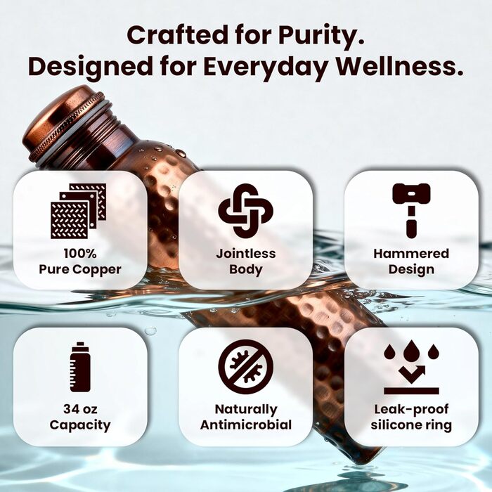 Куперна пляшка для води з кришкою та сумкою 1000 мл (2 шт.) - Аюрведа, для офісу та йоги