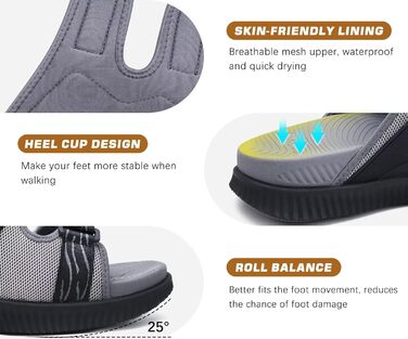 Чоловічі спортивні сандалі KuaiLu з м'якою устілкою, ортопедичні для фасціїту, підошва для хайкінгу, літні, легкі, відкриті, з регульованим липучкою (Сірий, 43 EU)