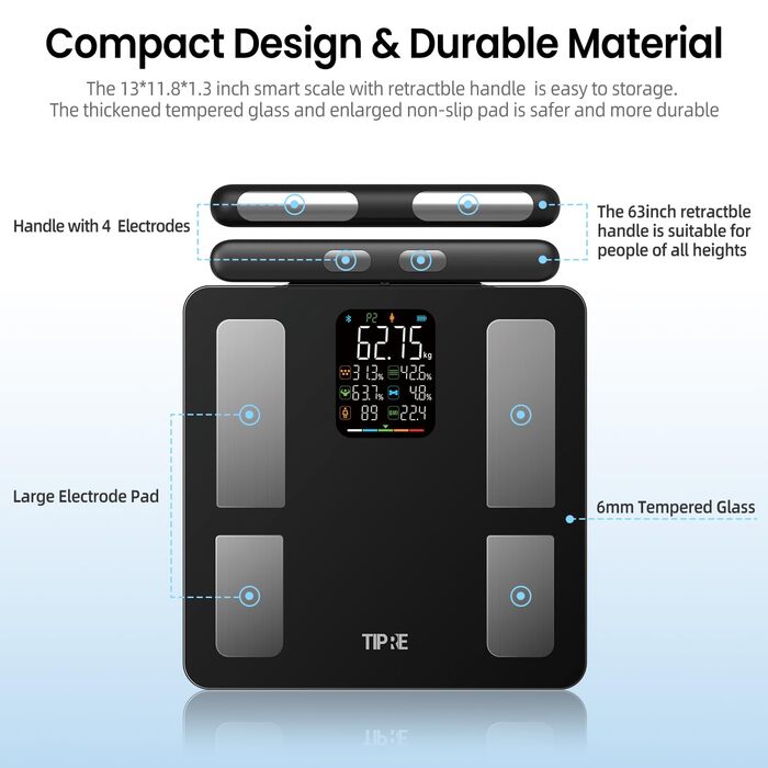 Розумні ваги TIPRE для аналізу складу тіла: 8 електродів, цифровий вимір ваги, жиру та BMI, Bluetooth-монітор здоров'я