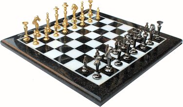 Шаховий набір StonKraft з чорного та білого мармуру з фігурами з латуні – декоративний шаховий набір для дому