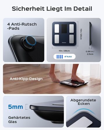 Ваги підлогові цифрові 8-в-1 Bluetooth Personenwaage: аналіз тіла, BMI, відсоток жиру, пульс, iOS/Android, до 180 кг