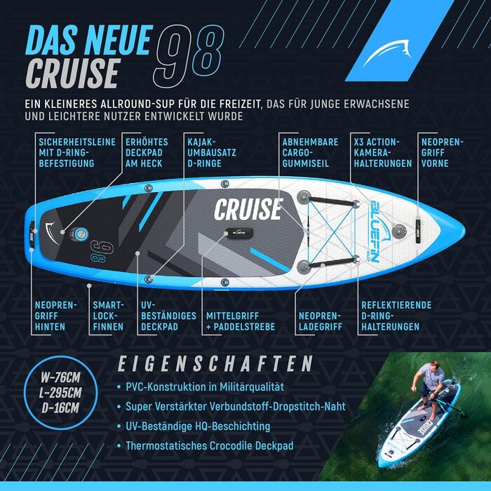 Надувна SUP-дошка Bluefin Cruise 6'' з веслом із фібраскла, сидінням-каяк та повним комплектом аксесуарів