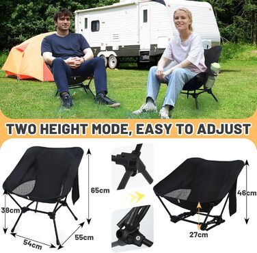 Складний туристичний стільчик для кемпінгу, Ultraleicht, регульована висота, з кишенями, компактний, для пікніків, риболовлі, саду, походів, спорту, відпочинку на природі, чорний