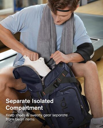 Спортивна сумка-рюкзак Tolaccea для чоловіків та жінок – велика дорожня сумка з відділенням для взуття, мокрою білизною та ноутбуком (15,6') – водонепроникна сумка-мішок для відпочинку, фітнесу, спорту та подорожей (Темно-синій, 40L)