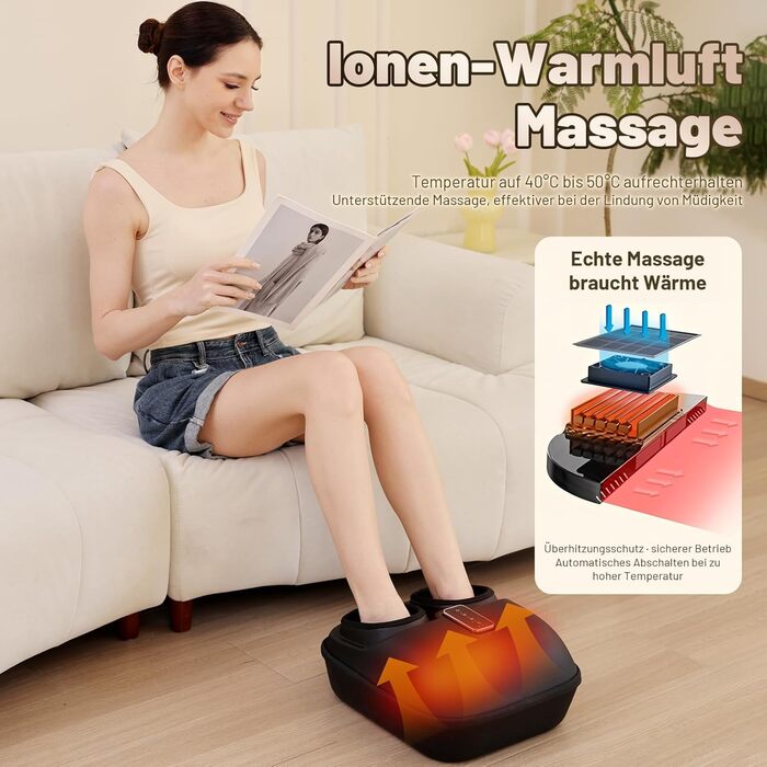 Масажер для ніг BeSokar Shiatsu з пультом, 6D-кнесірування, ролики, повітряна компресія, 3 рівні інтенсивності, теплова терапія