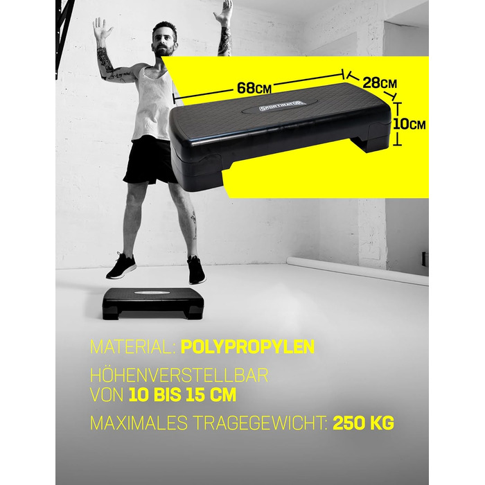 Фітнес-степпер SPORTINATOR, регульований, 10-15 см, пластик, до 250 кг, чорний, нековзка поверхня