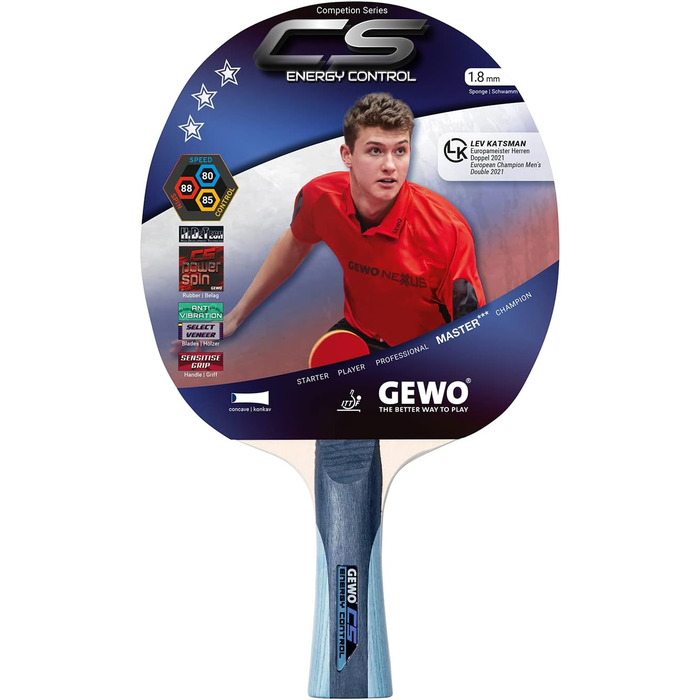 GEWO CS Energy Control – тенісна ракетка для настільного тенісу, ITTF, з контрольованим покриттям і високою обертальністю, 1,8 мм губка, червоно-чорна, ергономічна (конкава) ручка