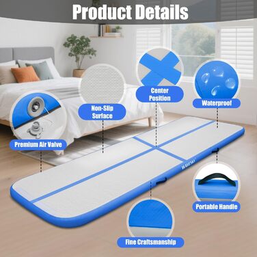 Надувна гімнастична мата Tumble Track, 3м/4м/5м, 10см, протиковзка, для дому, спорту, йоги, фітнесу, челедингу, водного спорту (Блакитна, 300x100x10 см)