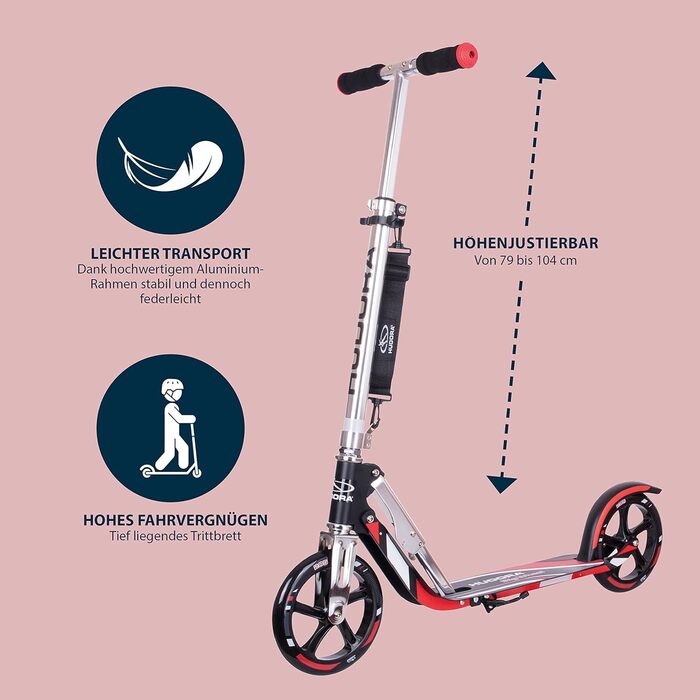 Самокат HUDORA BigWheel 205 алюмінієвий, складаний, для дітей і дорослих, до 100 кг, з регульованою висотою керма та підніжкою