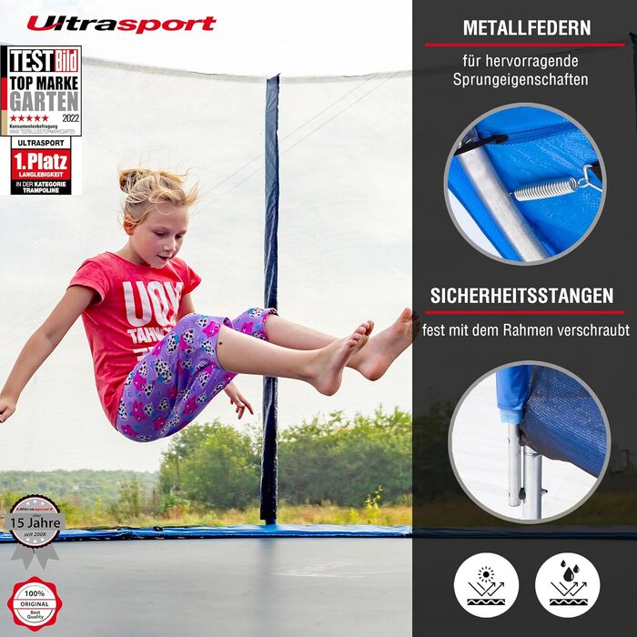 Батут Ultrasport Uni-Jump для дітей на відкритому повітрі Ø 140/183/244/305/366/460 см, до 150 кг. Комплект: сітка, захисний борт, монтажний набір. Можливе використання в приміщенні.