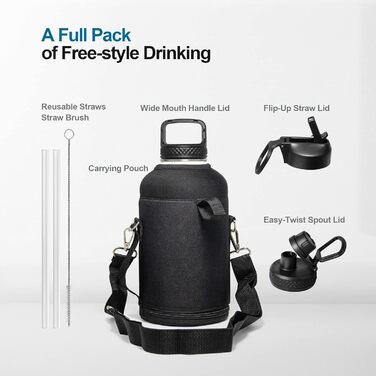 Термос-пляшка Coolflask 2 л з соломинкою та 3 кришками, велика ізольована сталева пляшка для води, спорт і подорожі, Starry Indigo Black