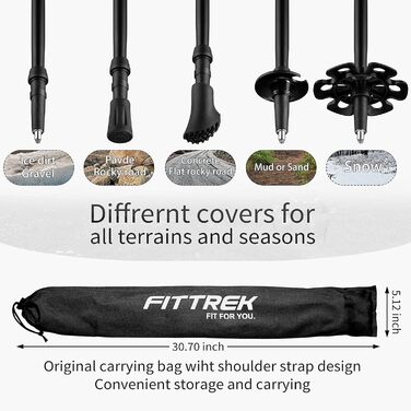 Тrekking Sticks FitTrek: Телескопічні палиці для ходьби та трекінгу, легкі, регульовані, з гумовими накладками та сумкою (алюміній 6061, чорний)