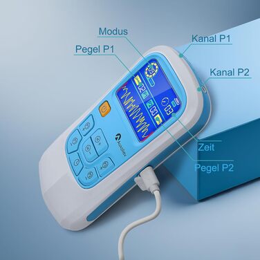 Пристрій TENS для терапії болю, EMS, 2 канали, 25 режимів, 50 рівнів інтенсивності, 10 електродів (синій)