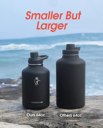 Термос-бутилка Coolflask 2 л з нержавіючої сталі з PU-чохлом, ізольована пляшка для води з кришкою та трубочкою, тримає холод 48 годин і тепло 24 години, чорна Polar