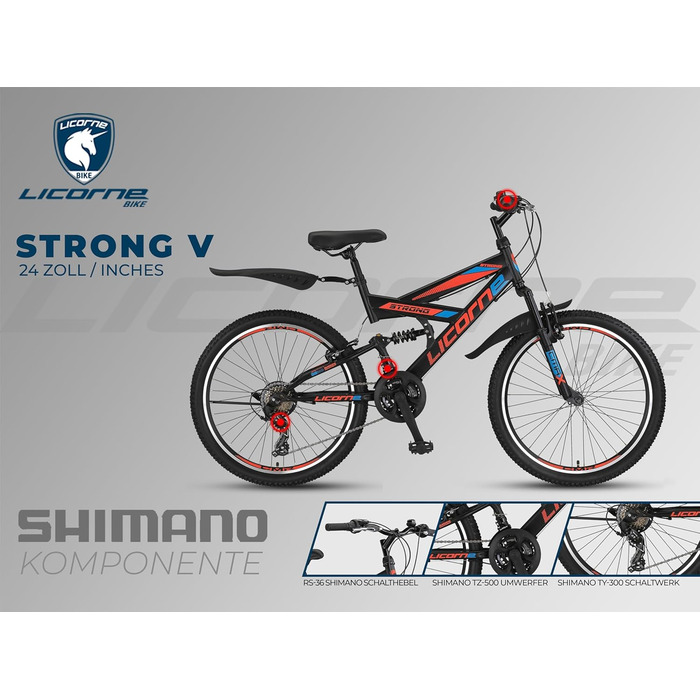 Гірський велосипед Licorne Bike PREMIUM Strong V 24 дюйми, 21 швидкість, повна амортизація, чорний/синій/помаранчевий, для хлопців, дівчат, жінок і чоловіків