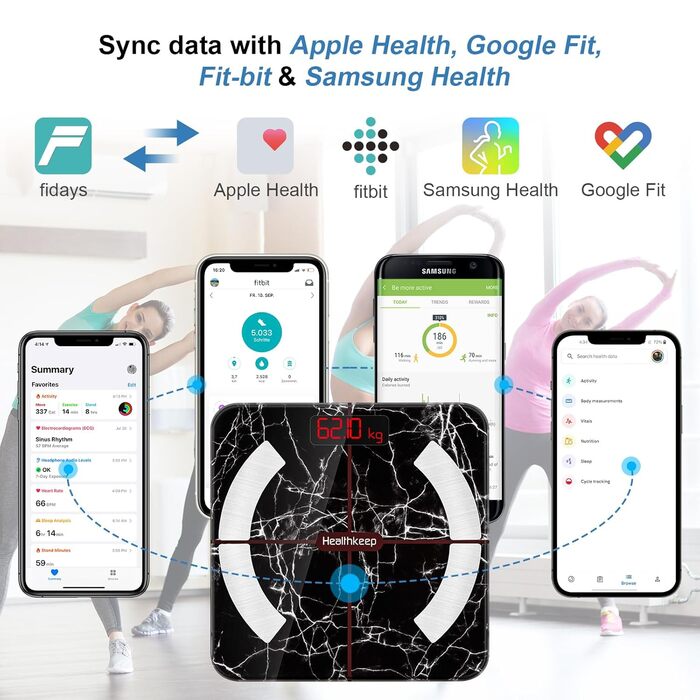 Ваги для тіла HEALTHKEEP з вимірюванням жиру та м'язів, цифровий дисплей, чорний мармур, 260 кг