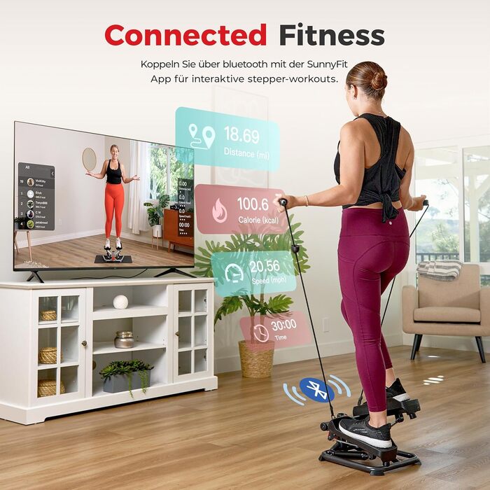 Степер Sunny Health & Fitness для дому: компактний міністепер для кардіо-тренувань з функцією Twist, еспандерами та додатком SunnyFit