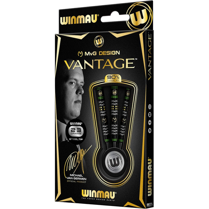 Дротики WINMAU Michael Van Gerwen Vantage 23 г вольфрамові з сталевим наконечником, комплект з оперенням Prism і стержнями Vecta