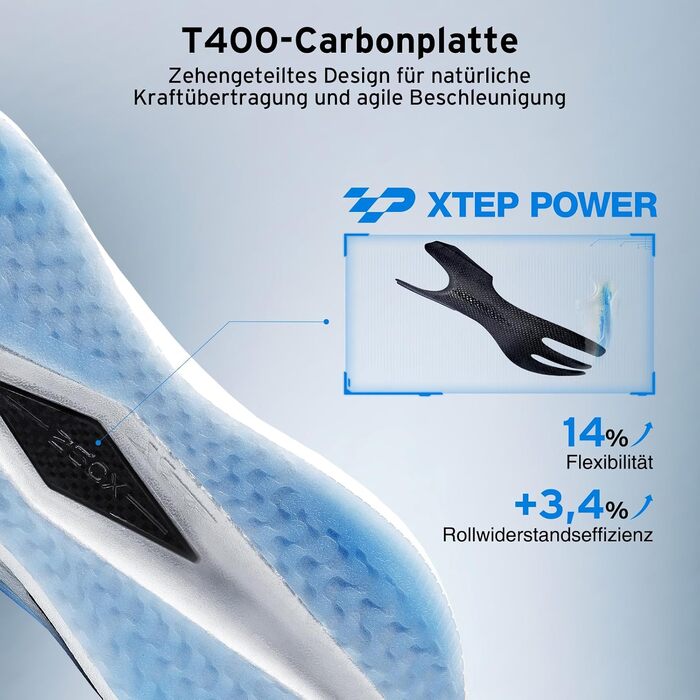 Кросівки чоловічі XTEP 260X для марафону: легкі, з карбоновою пластиною, амортизація 85%, дихаючі, біло-блакитні (41 EU)