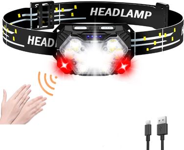 LED налобний ліхтар з акумулятором 5000 люмен, 9 LED, з червоним світлом та датчиком руху, 7 режимів, IPX6 водонепроникний, для нічного катання, кемпінгу та ремонту