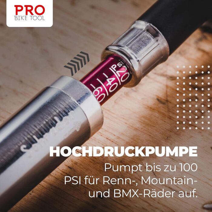 Міні-насос для велосипеда PRO BIKE TOOL з манометром: Presta та Schrader клапани, тиск до 6.9 Bar, легкий, для шосе, MTB, 22.8x7x3 см, чорний матовий