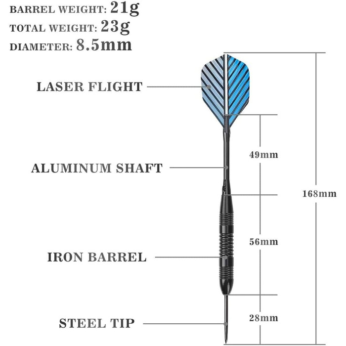 Сталеві дротики Steel Dartpfeile набір 6/12 шт. з металевими наконечниками, алюмінієвими стержнями, 18 пір'ями та гумовими кільцями - 22/23 г