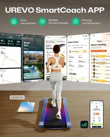 Бігова доріжка UREVO Smart Walking Pad з нахилом 14% для дому, підстільна, розширена бігова поверхня, LED-пульт, тиха безщіткова, швидкісне підсвічування, синій колір