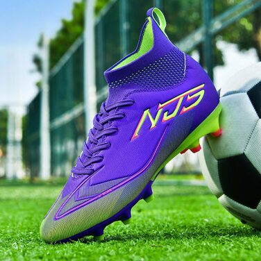 Чоловічі футбольні бутси для юніорів, бутси для тренувань High Top з шипами, професійні футбольні бутси для змагань, Outdoor спортивне взуття, Kunstrasen, унісекс (фіолетовий, 38 EU)