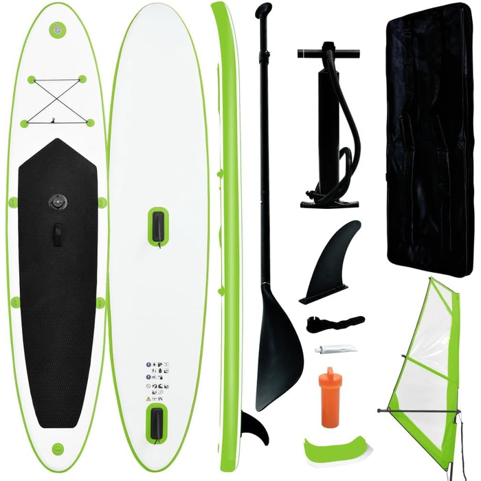 Надувна SUP-дошка з вітрилом vidaXL 330x72x10 см, набір для сапсерфінгу, зелено-біла, з веслом і сумкою для перенесення