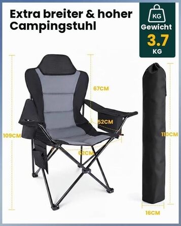Складане кемпінгове крісло YEAUPE PRO XL, посилене, комфортне з м'якою підкладкою, витримує до 150 кг