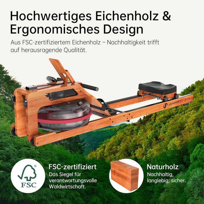 Складальний гребний тренажер R3 з дубового дерева, з Bluetooth LCD-дисплеєм, підтримкою Kinomap, баком для води 28л, ергономічним сидінням та тримачем для планшета, до 150 кг