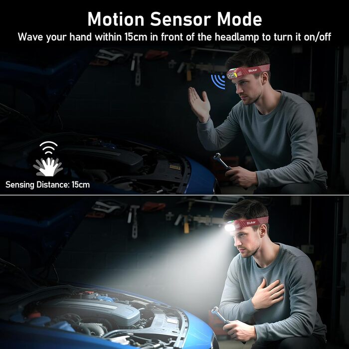 Кепка-ліхтарик Blukar LED з регулюванням температури кольору, перезарядна, 2000L, з червоним світлом та сенсором, 12 режимів, водонепроникна, 30+ годин роботи для надзвичайних ситуацій/кемпінгу/бігу (каштанового кольору)