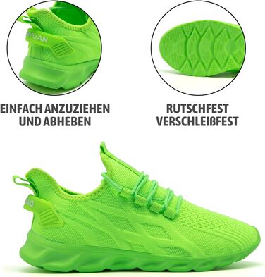 Чоловічі кросівки Linenghs для бігу, занять спортом та прогулянок. Легкі, дихаючі, чорні, з акцентами флуоресцентного зеленого (40 EU)