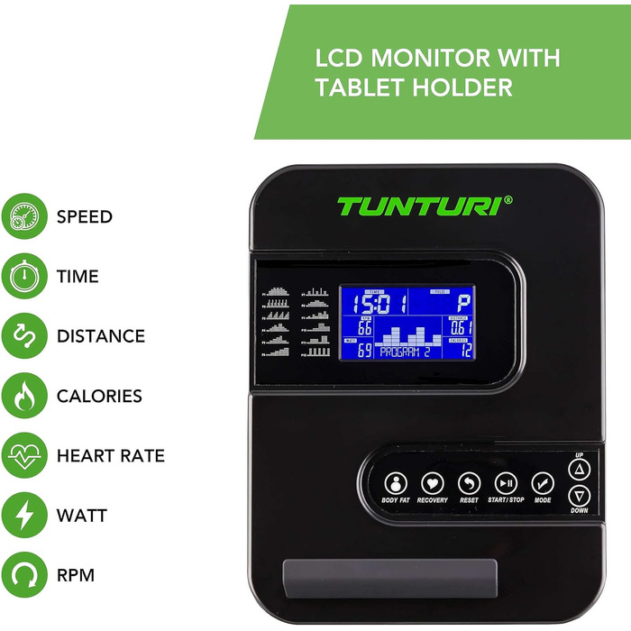Велотренажер Tunturi Cardio Fit E30 з магнітною системою, LCD-дисплеєм, датчиками пульсу та тримачем для планшета, домашній ергометр для фітнесу