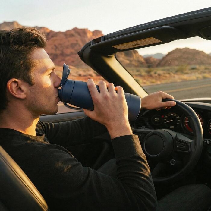 Спортивна пляшка для води Fjbottle з нержавіючої сталі 750 мл, синя — з кнопкою відкриття, силіконовим дном та щіткою для чищення