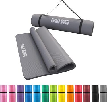 Фітнес-мат для йоги GORILLA SPORTS 190x60x1,5 см, сірий, нековзний, без фталатів, з ременем для перенесення