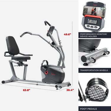 Горизонтальний велотренажер Sunny Health & Fitness з рухомими ручками, компактний, швидке регулювання сидіння, сумісний із SunnyFit, модель SF-RB420032
